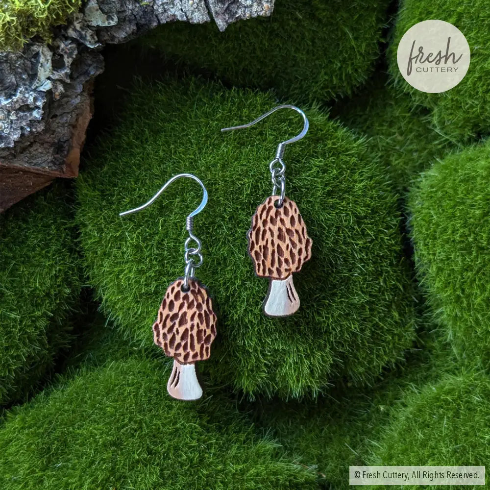 Morel Mushroom Mini Hoops Silver Ear Wires Dangle And Drop Earrings