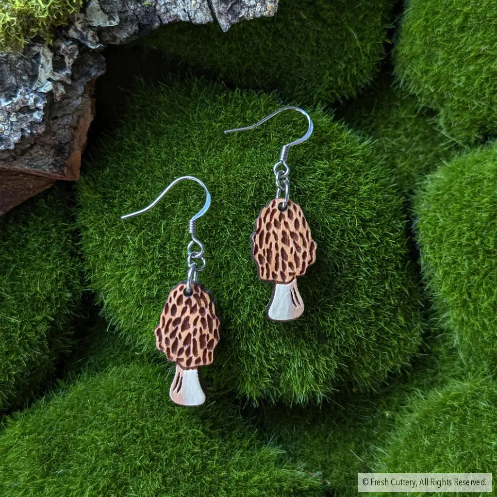 Morel Mushroom Mini Hoops Silver Ear Wires Dangle And Drop Earrings