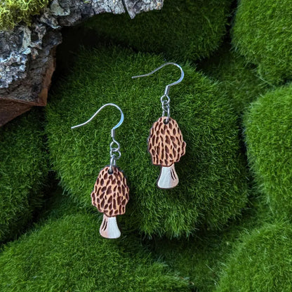 Morel Mushroom Mini Hoops Silver Ear Wires Dangle And Drop Earrings