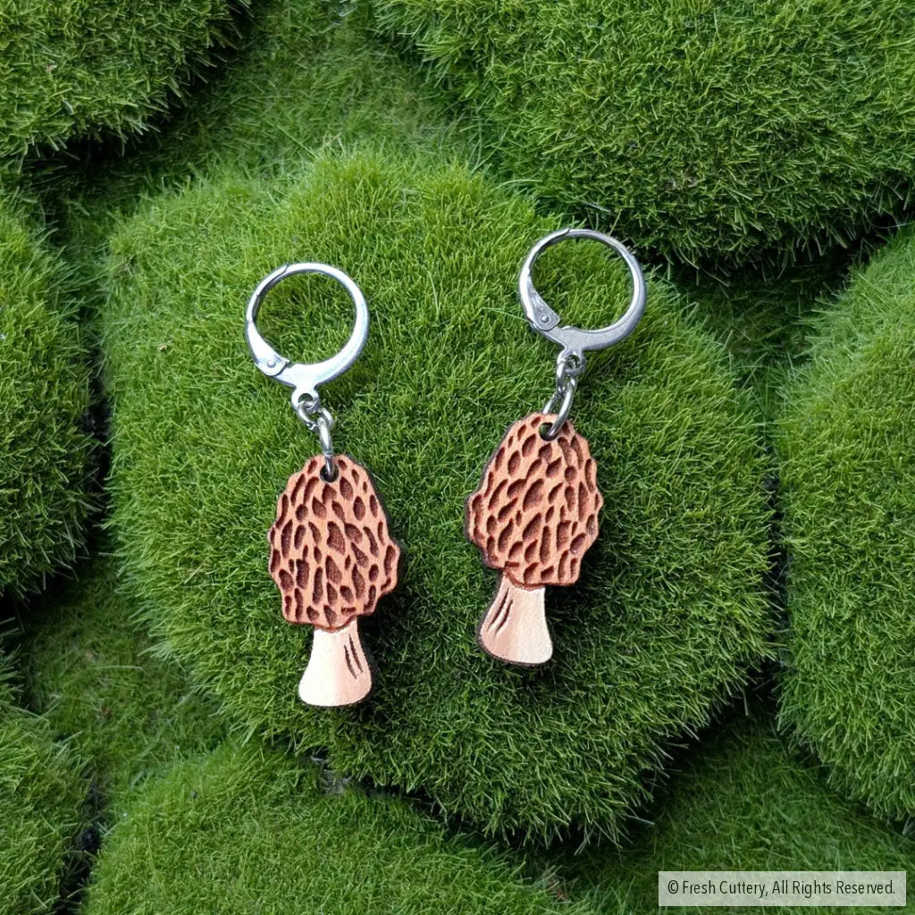 Morel Mushroom Mini Hoops Silver Leverbacks Dangle and Drop Earrings