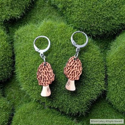 Morel Mushroom Mini Hoops Silver Leverbacks Dangle and Drop Earrings