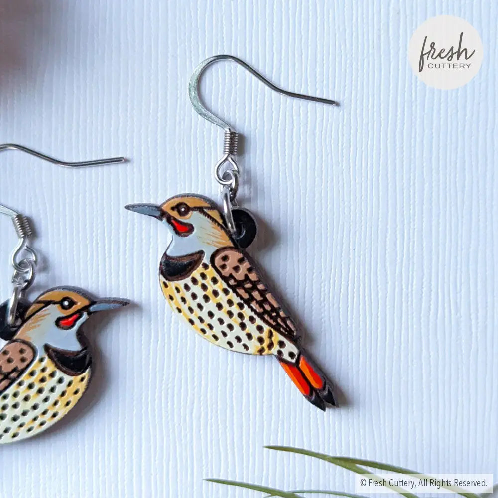 Northern Flicker Earrings Red-Shafted / Silver Hoops Dangle And Drop