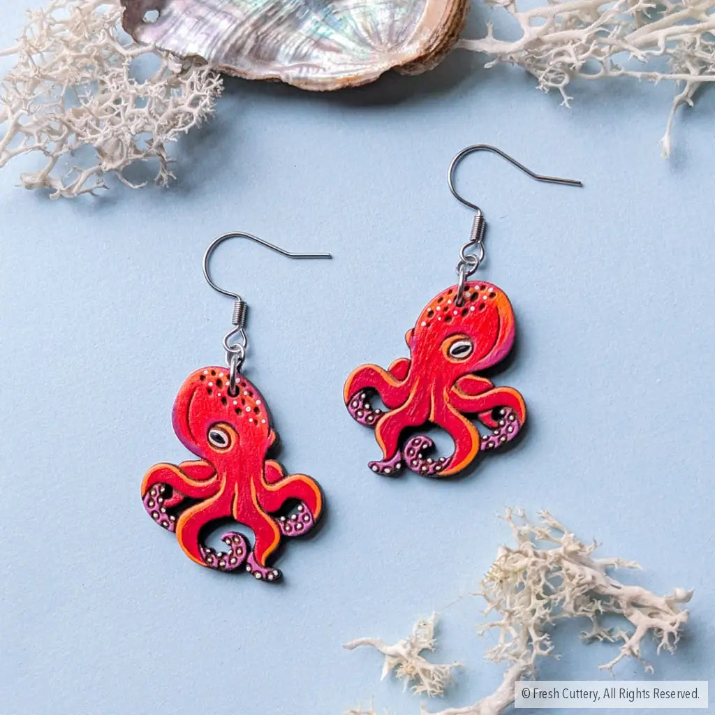 Octopus Earrings Silver Ear Wires / Large Dangle and Drop Earrings