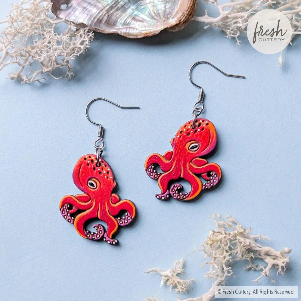 Octopus Earrings Silver Ear Wires / Large Dangle and Drop Earrings