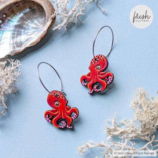 Octopus Earrings Silver Hoops Dangle and Drop Earrings