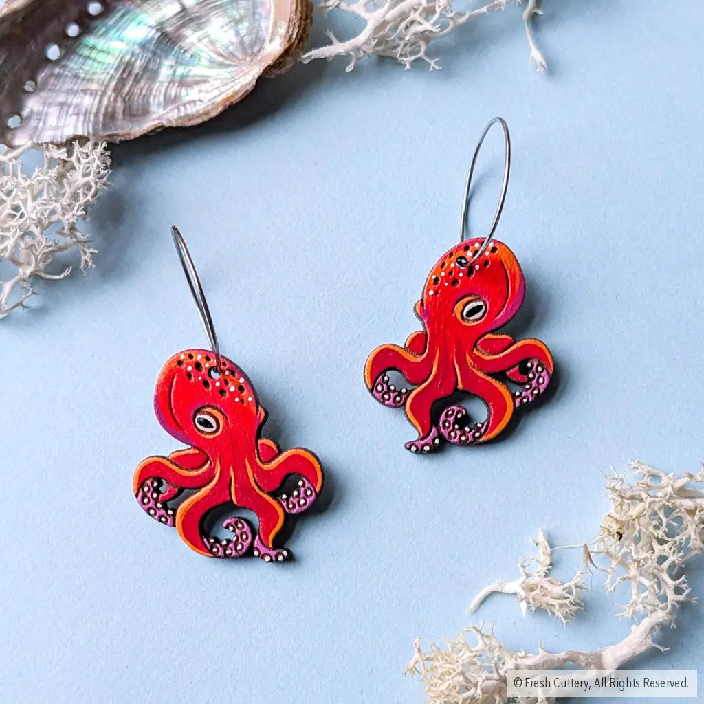 Octopus Earrings Silver Hoops / Large Dangle and Drop Earrings