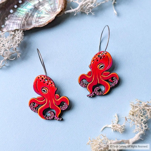Octopus Earrings Silver Hoops / Large Dangle and Drop Earrings