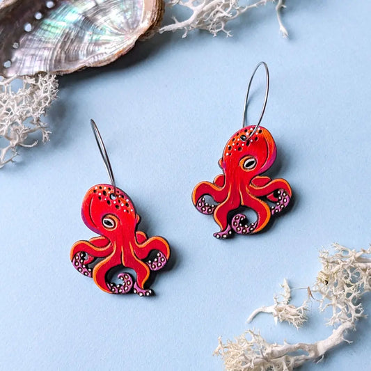 Octopus Earrings Silver Hoops / Large Dangle and Drop Earrings