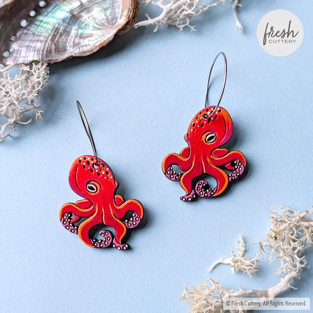 Octopus Earrings Silver Hoops / Large Dangle and Drop Earrings