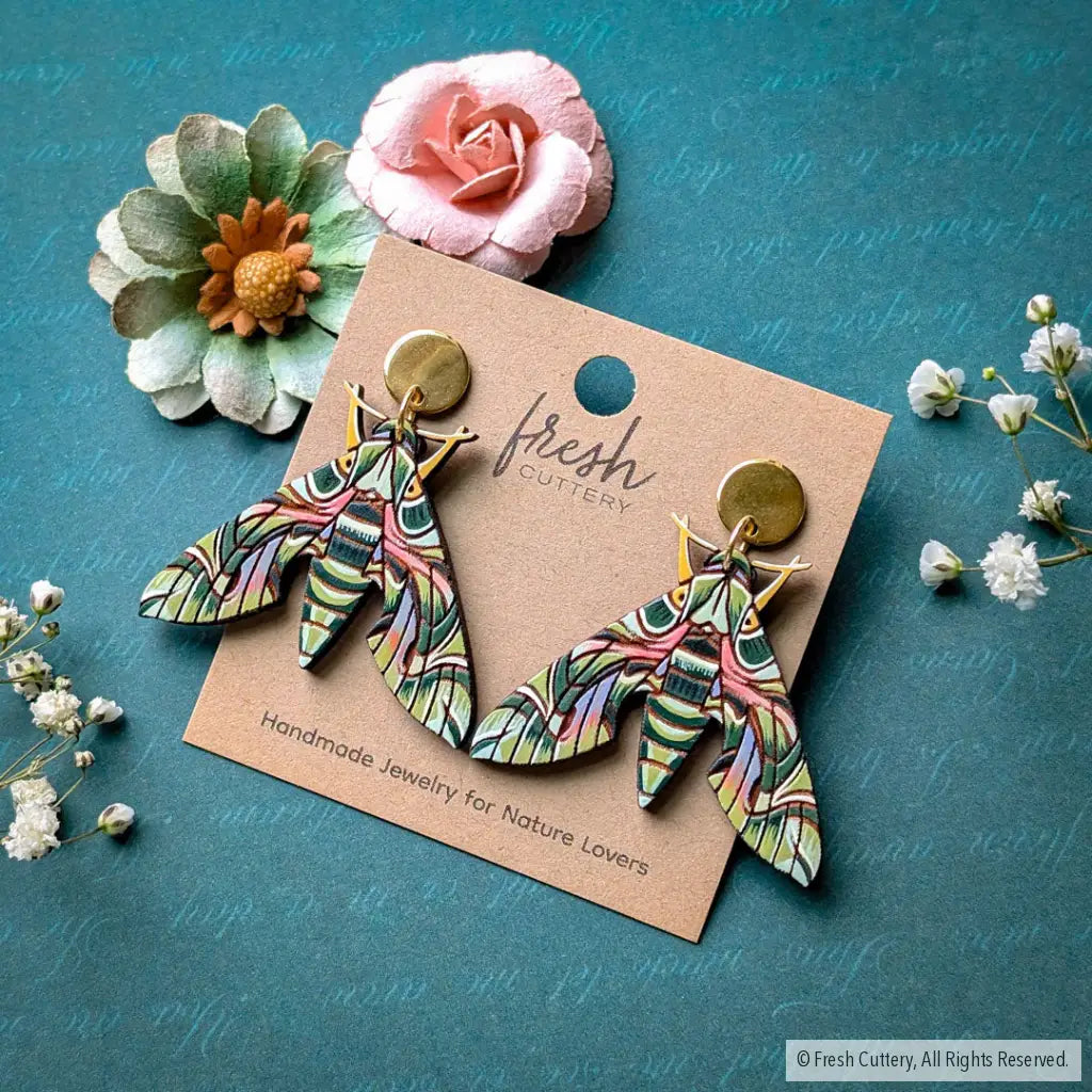 Oleander Hawk Moth Earrings Gold Round Posts Dangle and Drop Earrings