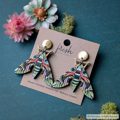 Oleander Hawk Moth Earrings - Gold Round Posts - Dangle and Drop Earrings