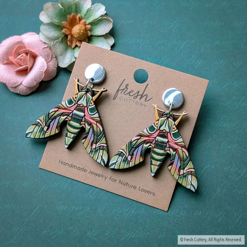 Oleander Hawk Moth Earrings Silver Round Posts Dangle and Drop Earrings