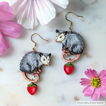 Opossum Statement Earrings Gold Ear Wires Dangle and Drop Earrings