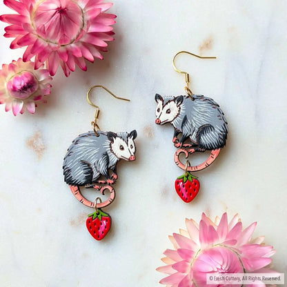 Opossum Statement Earrings - Gold Ear Wires - Dangle and Drop Earrings