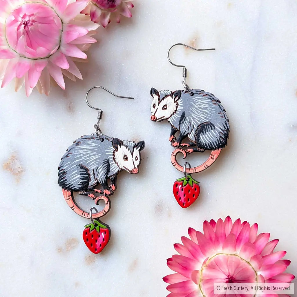 Opossum Statement Earrings - Silver Ear Wires - Dangle and Drop Earrings