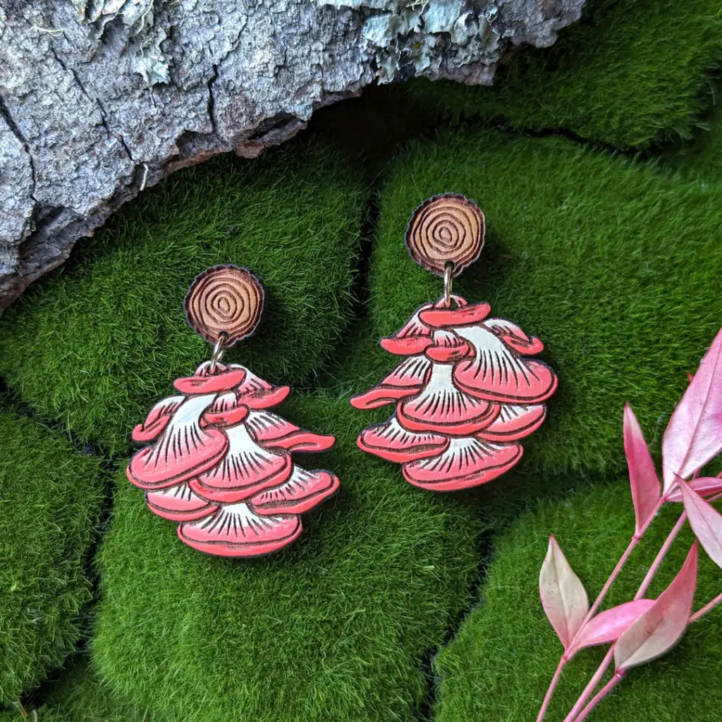 Oyster Mushroom Earrings Pink Dangle And Drop