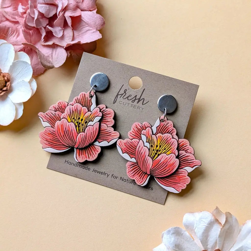 Peony Earrings Silver Round Posts Dangle and Drop Earrings