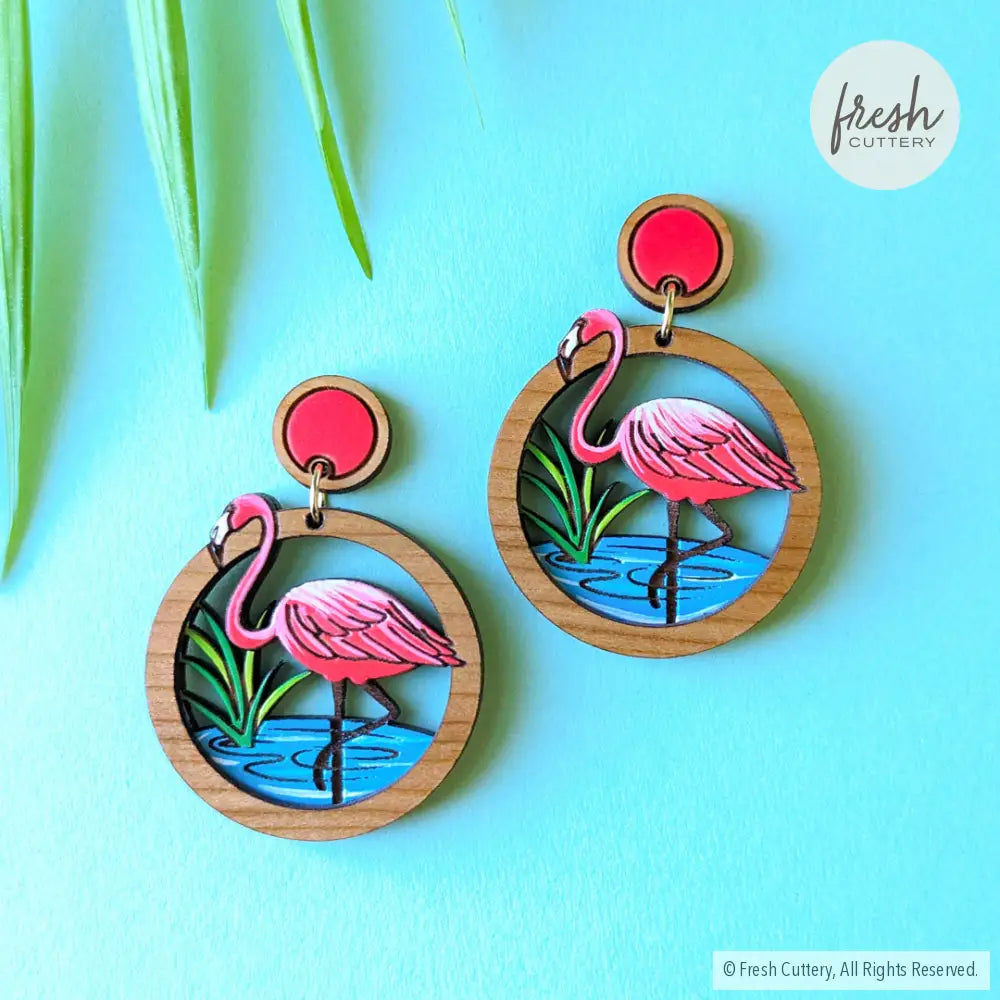 Pink Flamingo Statement Earrings Painted Wood Studs Dangle And Drop