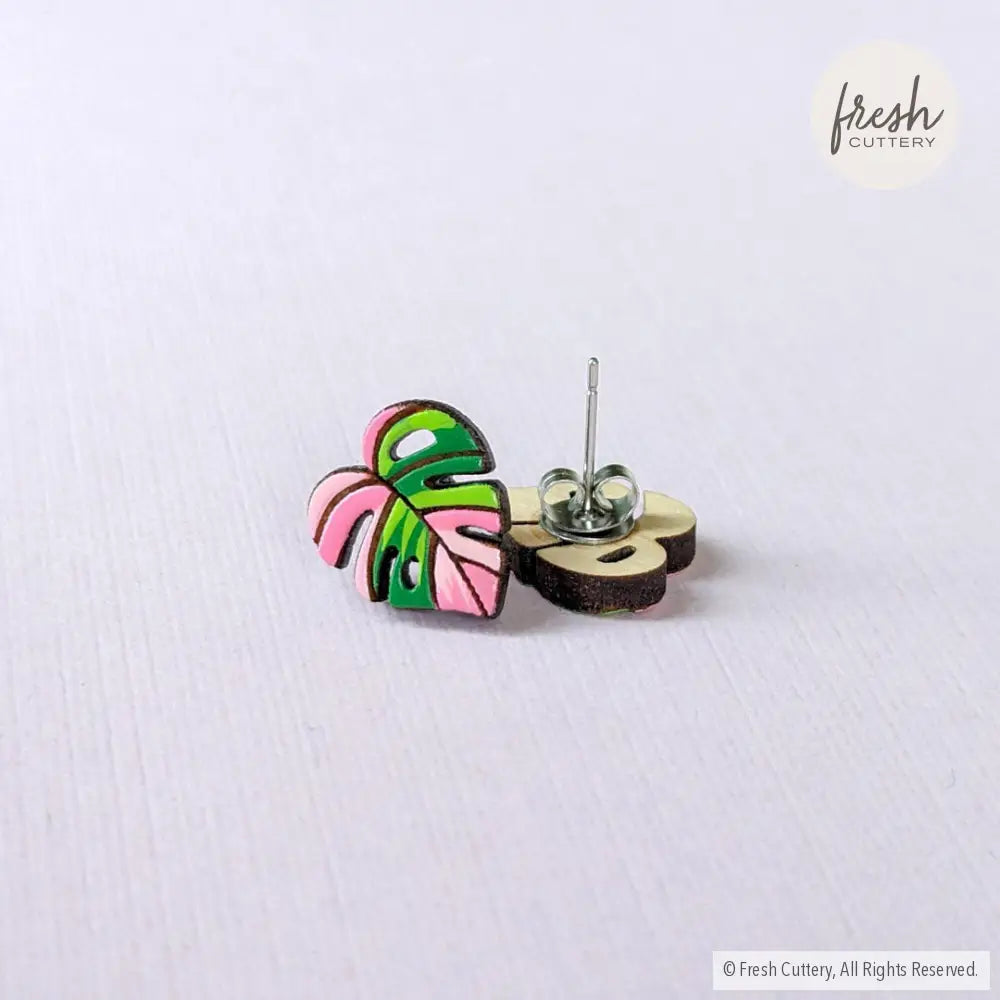 Pink Monstera Albo Studs