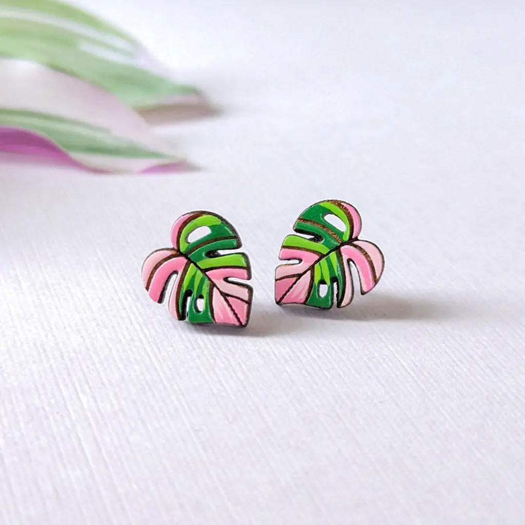 Pink Monstera Albo Studs