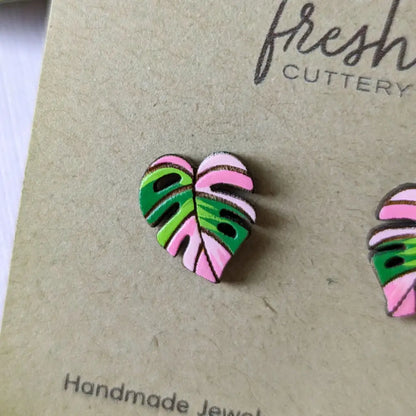 Pink Monstera Albo Studs