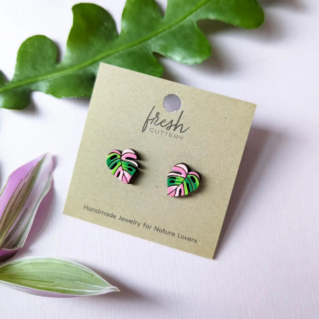 Pink Monstera Albo Studs