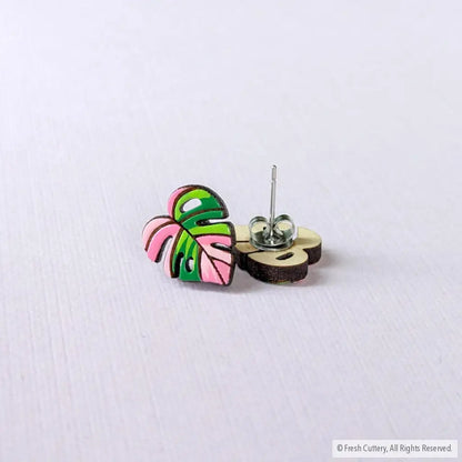 Pink Monstera Albo Studs