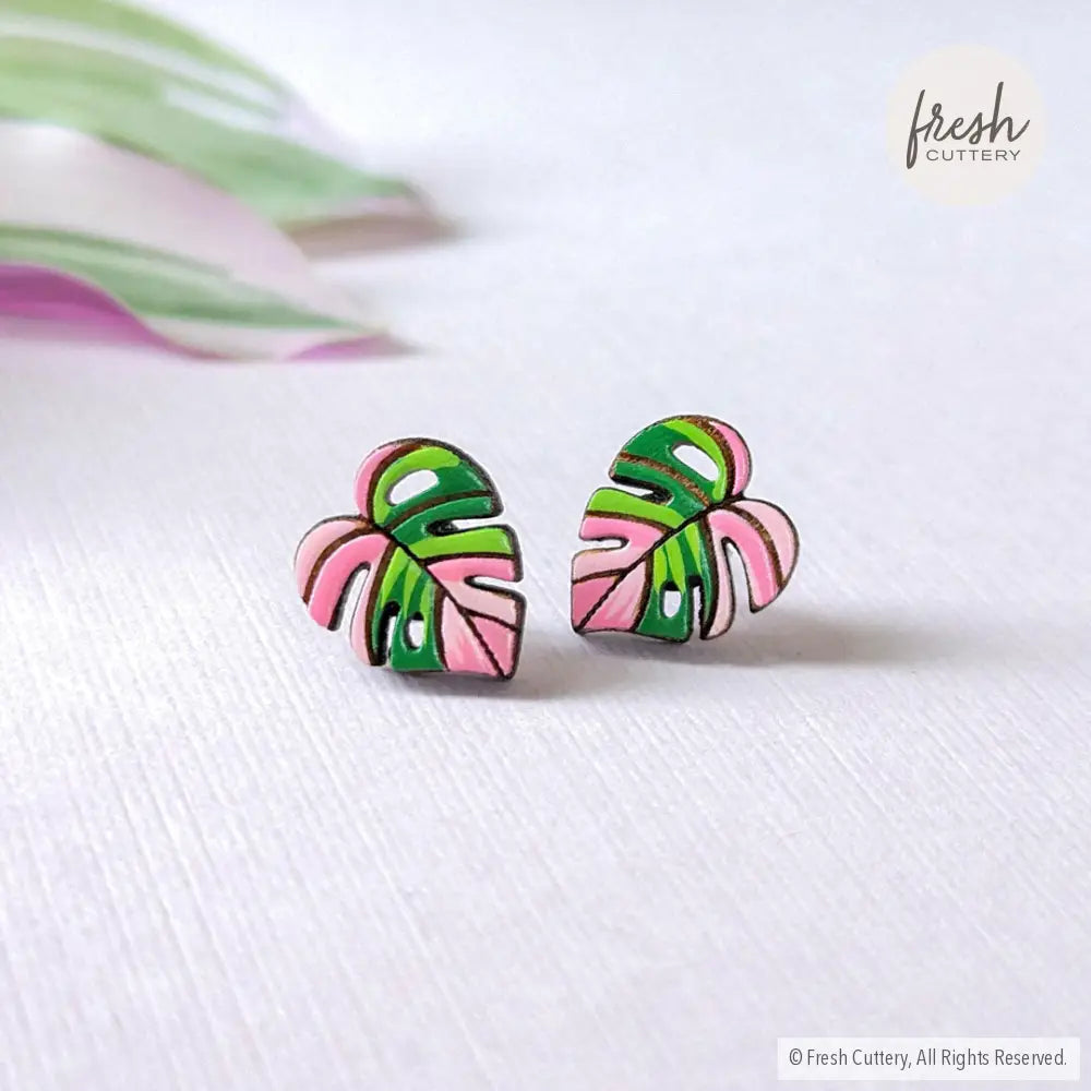 Pink Monstera Albo Studs