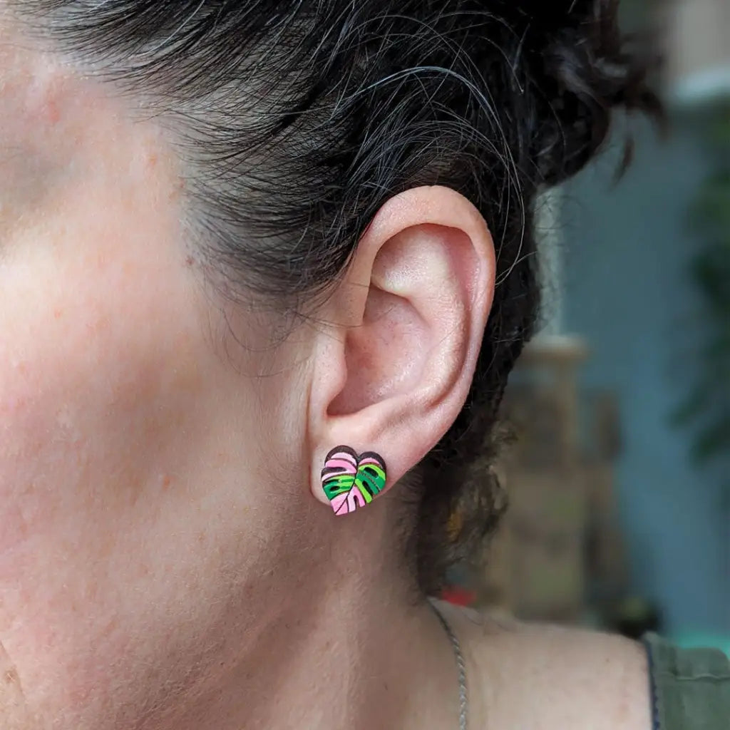Pink Monstera Albo Studs