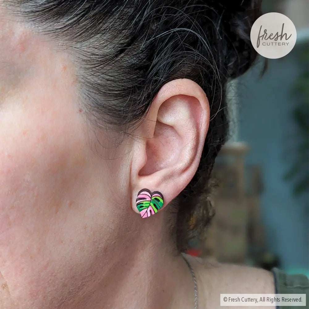 Pink Monstera Albo Studs