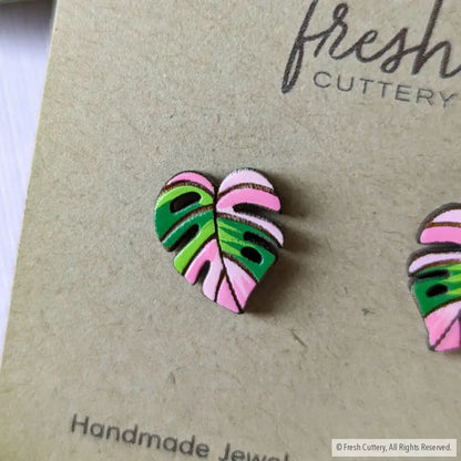 Pink Monstera Albo Studs