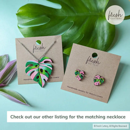 Pink Monstera Albo Studs