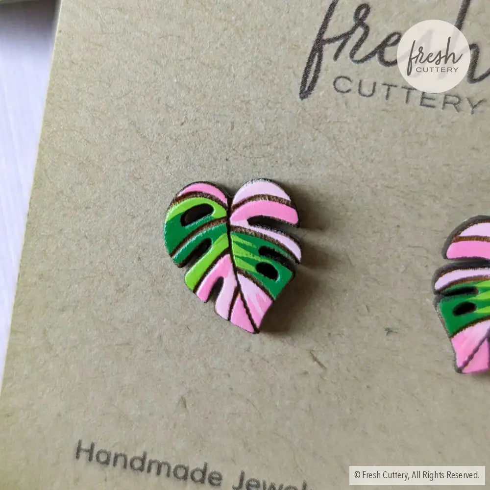 Pink Monstera Albo Studs