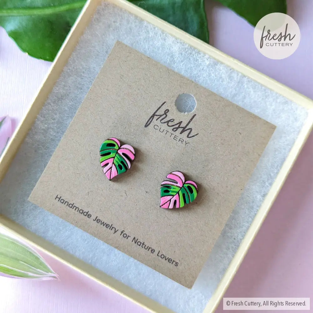 Pink Monstera Albo Studs