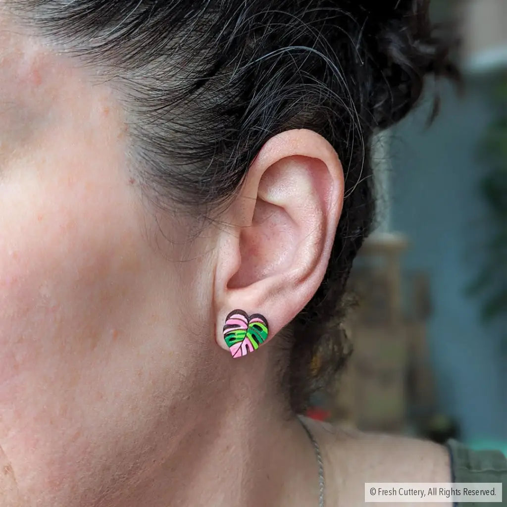 Pink Monstera Albo Studs