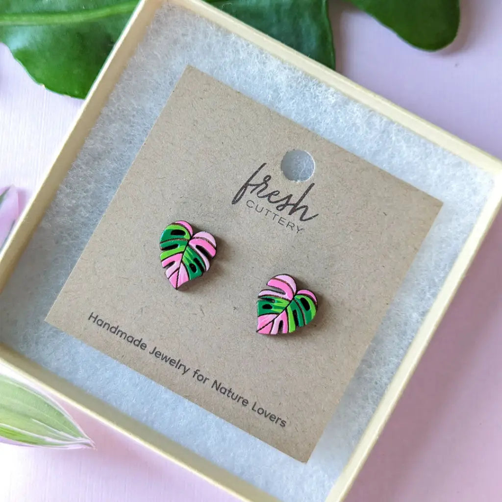 Pink Monstera Albo Studs