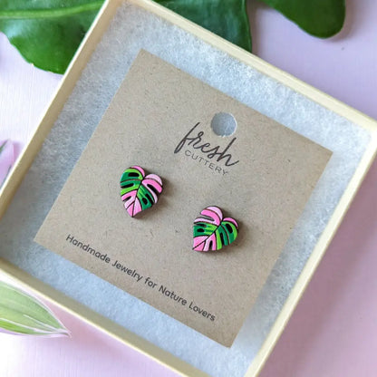 Pink Monstera Albo Studs