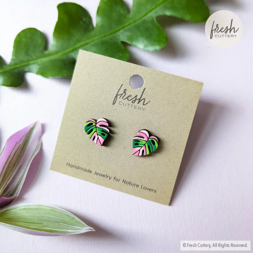 Pink Monstera Albo Studs