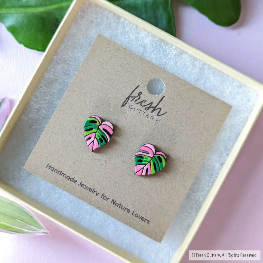 Pink Monstera Albo Studs