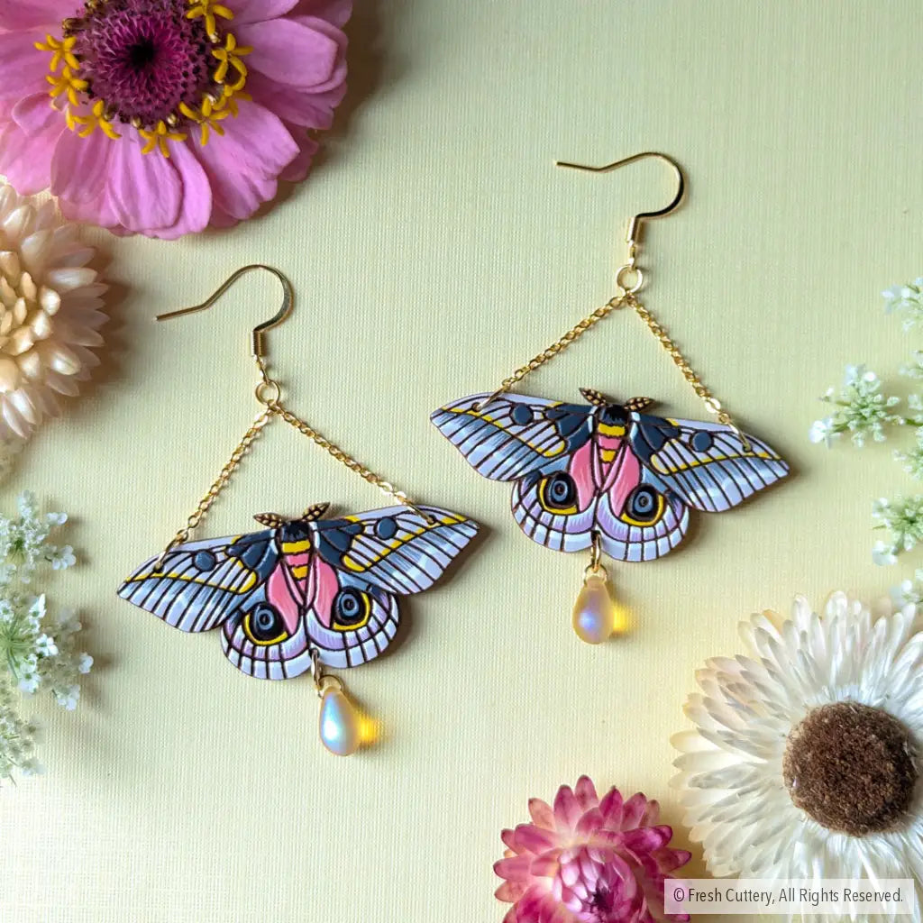 Pink Silk Moth Earrings Gold Dangle And Drop