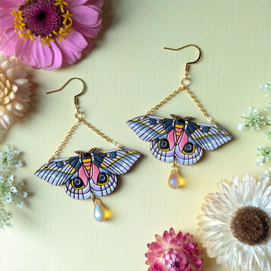 Pink Silk Moth Earrings Gold Dangle And Drop
