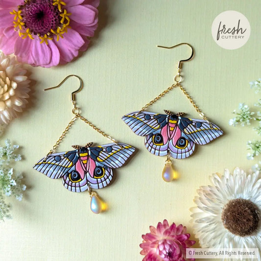 Pink Silk Moth Earrings Gold Dangle And Drop