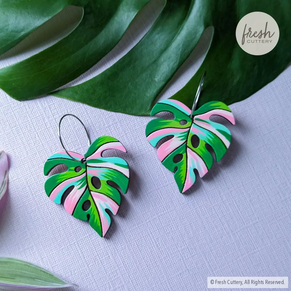 Pink Variegated Monstera Earrings 20Mm Silver Hoops Dangle And Drop