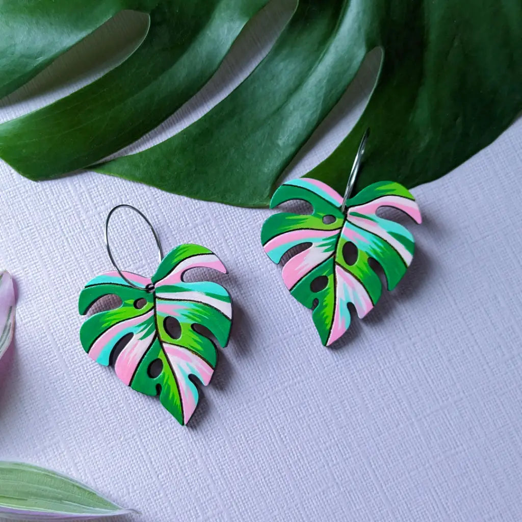 Pink Variegated Monstera Earrings 20Mm Silver Hoops Dangle And Drop