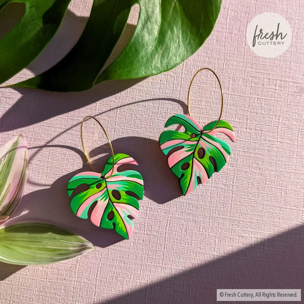 Pink Variegated Monstera Earrings 30Mm Gold Hoops Dangle And Drop