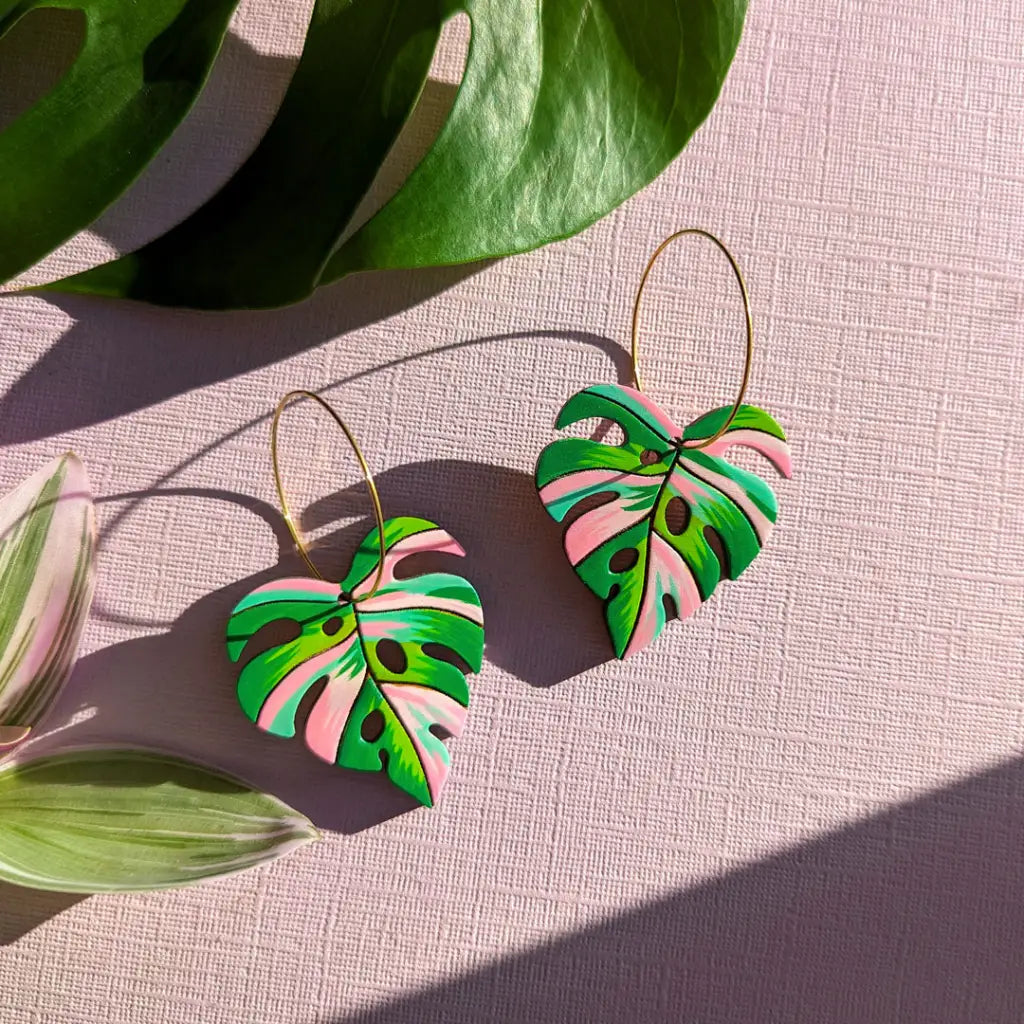 Pink Variegated Monstera Earrings 30Mm Gold Hoops Dangle And Drop
