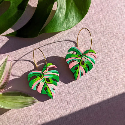 Pink Variegated Monstera Earrings 30Mm Gold Hoops Dangle And Drop