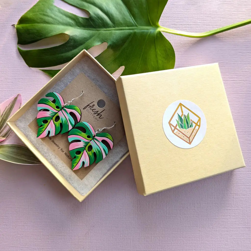 Pink Variegated Monstera Earrings Dangle And Drop