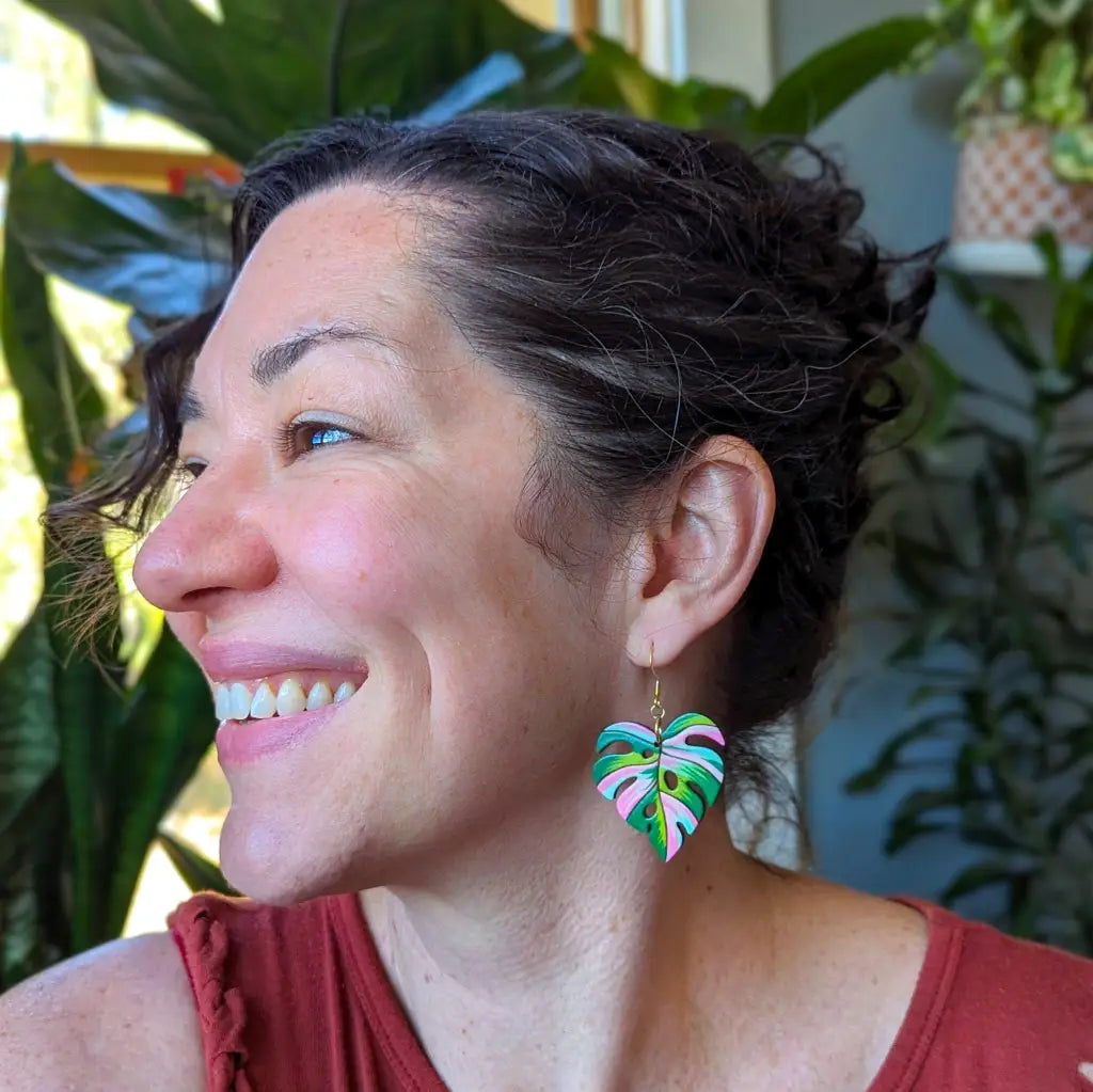 Pink Variegated Monstera Earrings Dangle And Drop