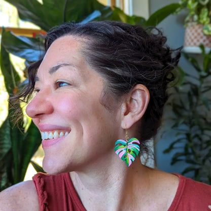 Pink Variegated Monstera Earrings Dangle And Drop